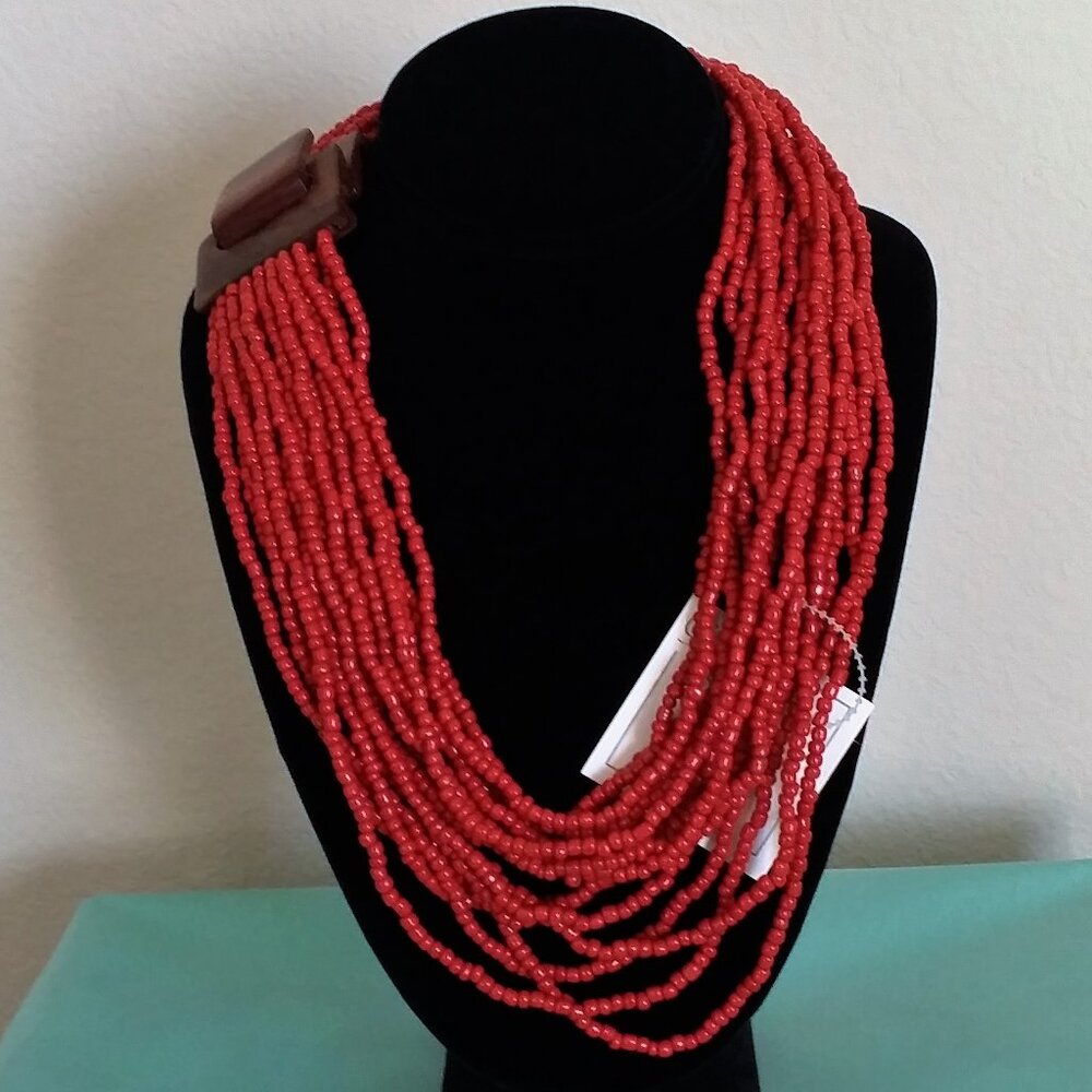 Women's Red Hand Beaded Necklace with Wooden Buckle Clasp